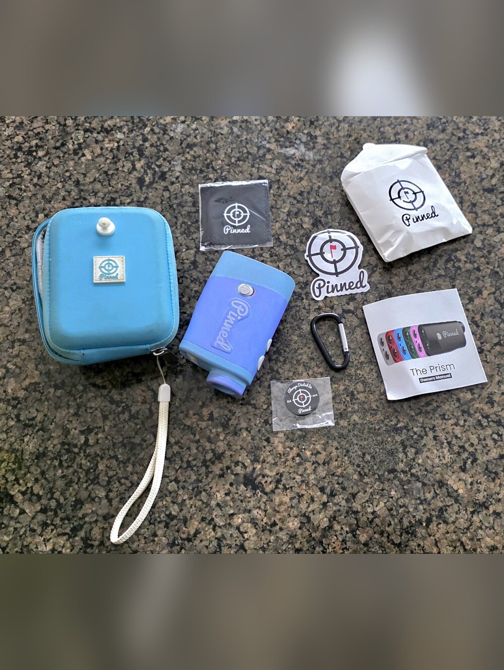 Pinned Prism Golf Handheld Laser Rangefinder light Blue with case manual etc